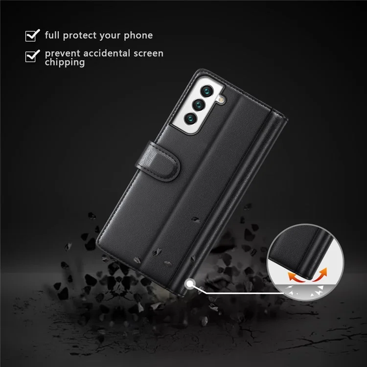 Fall Prevention Magnetic Closure Genuine Split Leather Phone Case Stand TPU Wallet Flip Cover for Samsung Galaxy S22+ 5G - Schwarz