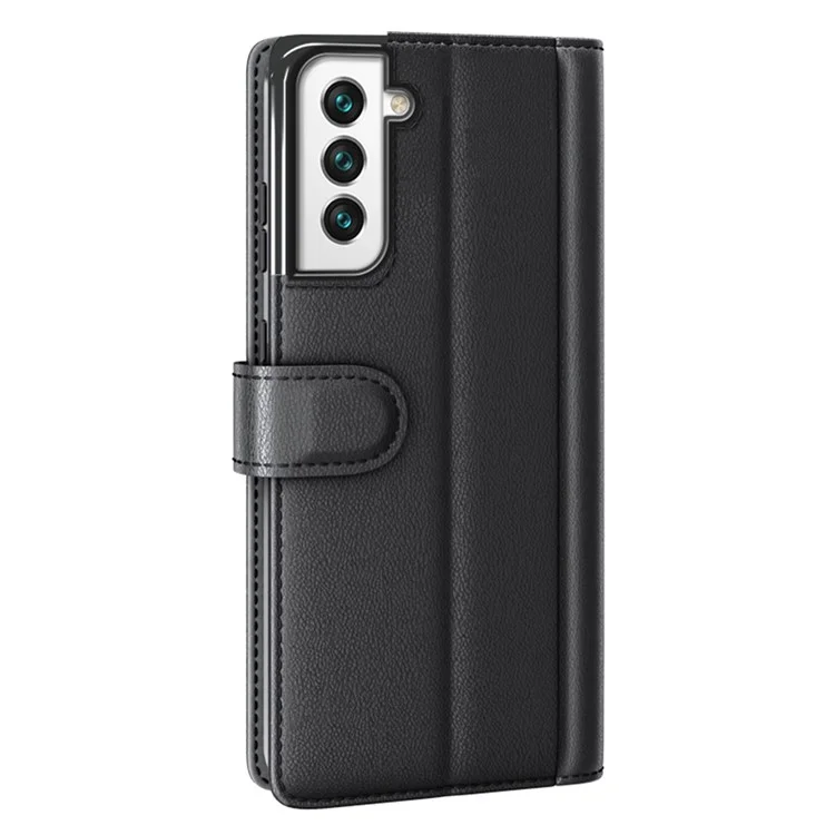 Fall Prevention Magnetic Closure Genuine Split Leather Phone Case Stand TPU Wallet Flip Cover for Samsung Galaxy S22+ 5G - Schwarz