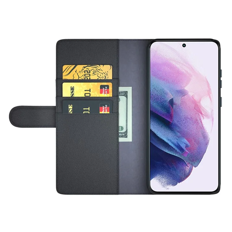 Fall Prevention Magnetic Closure Genuine Split Leather Phone Case Stand TPU Wallet Flip Cover for Samsung Galaxy S22+ 5G - Schwarz