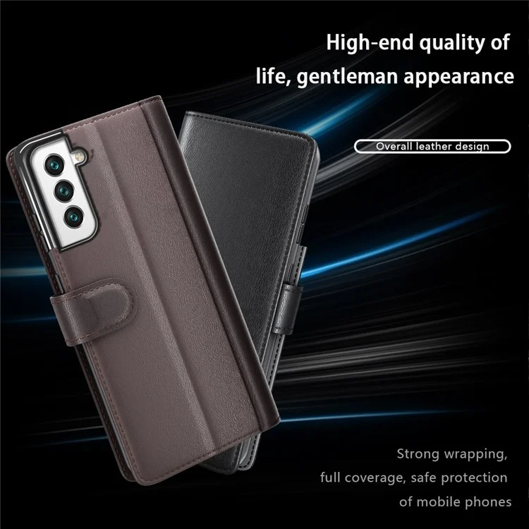 Fall Prevention Magnetic Closure Genuine Split Leather Phone Case Stand TPU Wallet Flip Cover for Samsung Galaxy S22+ 5G - Schwarz