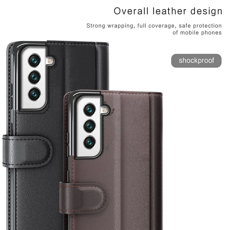 Fall Prevention Magnetic Closure Genuine Split Leather Phone Case Stand TPU Wallet Flip Cover for Samsung Galaxy S22+ 5G - Schwarz