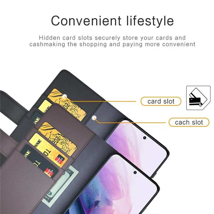 Fall Prevention Magnetic Closure Genuine Split Leather Phone Case Stand TPU Wallet Flip Cover for Samsung Galaxy S22+ 5G - Schwarz
