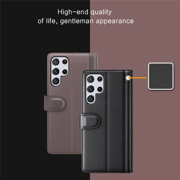 Overall Wrapped Genuine Split Leather Phone Case Stand TPU Wallet Flip Cover for Samsung Galaxy S22 Ultra 5G - Black