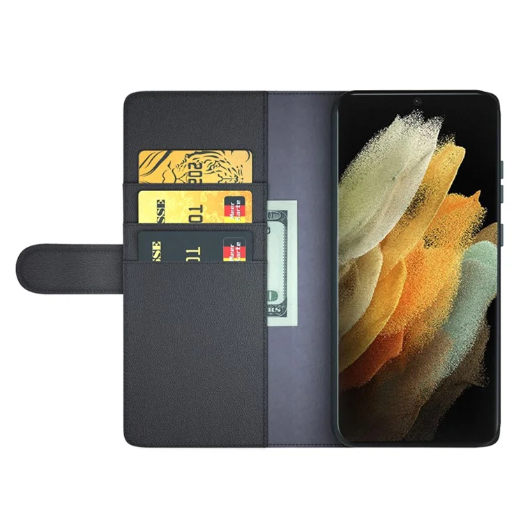 Overall Wrapped Genuine Split Leather Phone Case Stand TPU Wallet Flip Cover for Samsung Galaxy S22 Ultra 5G - Black