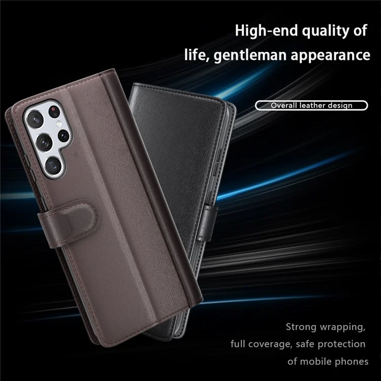 Overall Wrapped Genuine Split Leather Phone Case Stand TPU Wallet Flip Cover for Samsung Galaxy S22 Ultra 5G - Black