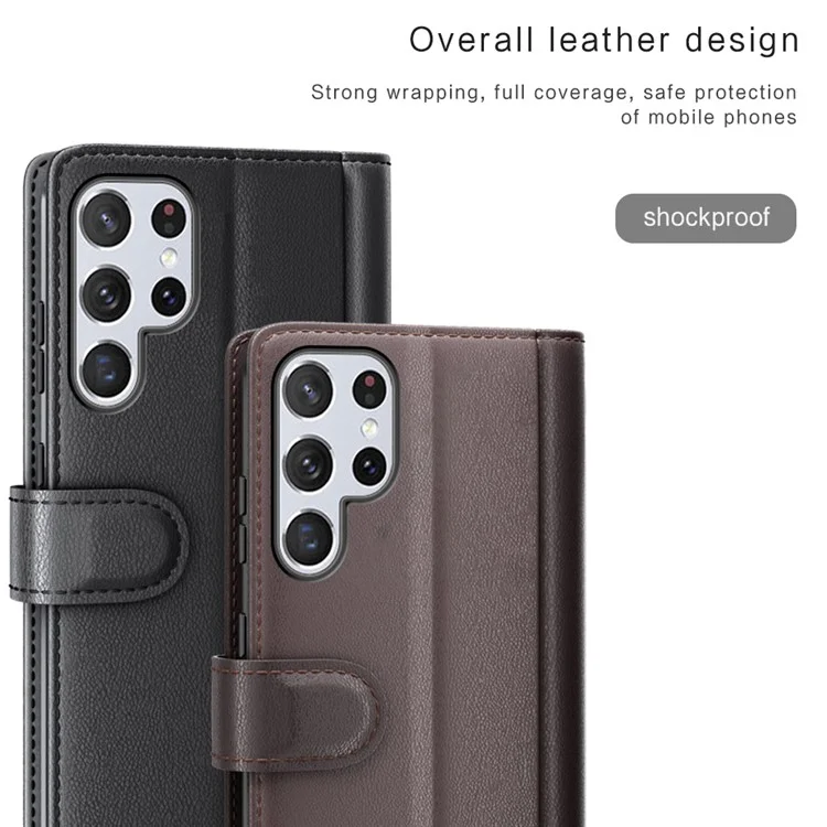 Overall Wrapped Genuine Split Leather Phone Case Stand TPU Wallet Flip Cover for Samsung Galaxy S22 Ultra 5G - Black