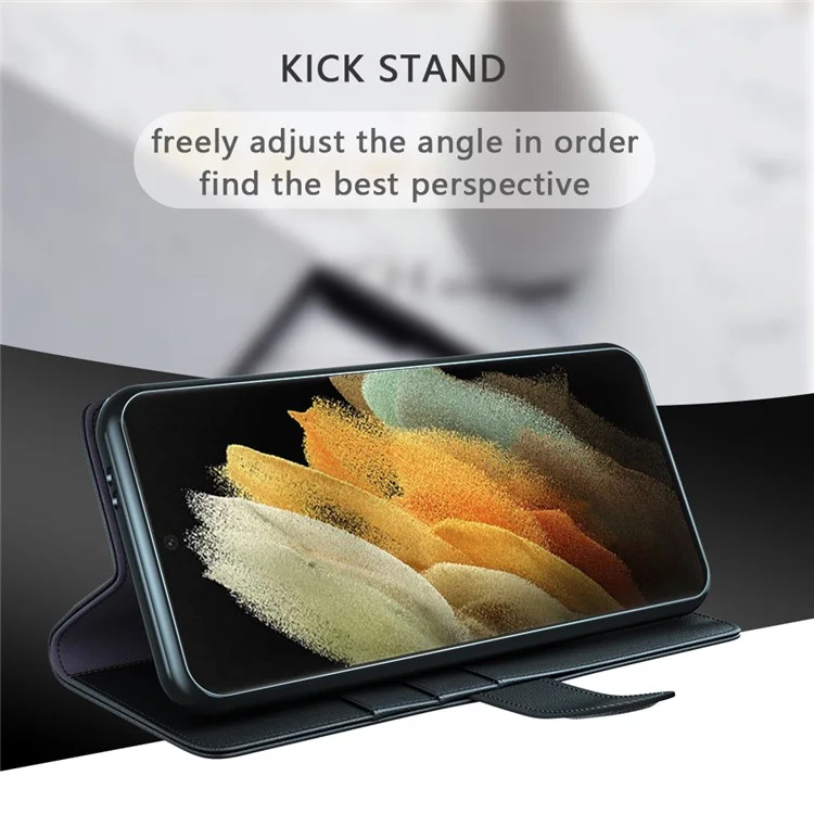 Overall Wrapped Genuine Split Leather Phone Case Stand TPU Wallet Flip Cover for Samsung Galaxy S22 Ultra 5G - Black
