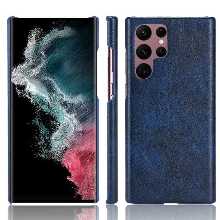 Per Samsung Galaxy S22 Ultra 5G Litchi Texture PU Leather Coated Hard PC Phone Case Protective Cover - Blu