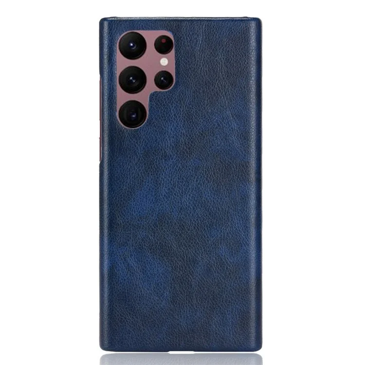 Per Samsung Galaxy S22 Ultra 5G Litchi Texture PU Leather Coated Hard PC Phone Case Protective Cover - Blu