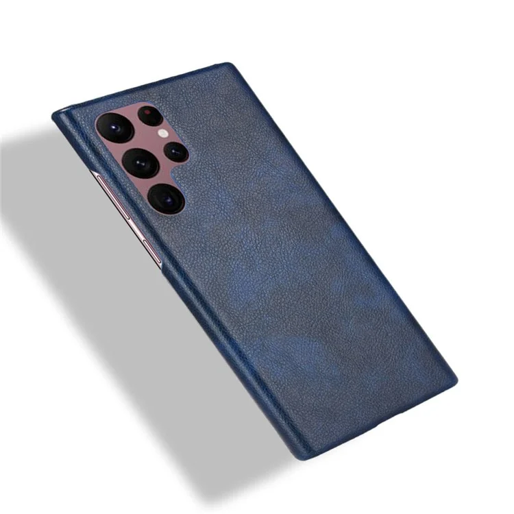 Per Samsung Galaxy S22 Ultra 5G Litchi Texture PU Leather Coated Hard PC Phone Case Protective Cover - Blu