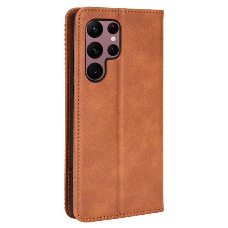 Retro Style Imprinted Leather Cover + TPU Inner Case Wallet Stand Phone Cover Cellphone Shell for Samsung Galaxy S22 Ultra 5G - Brown