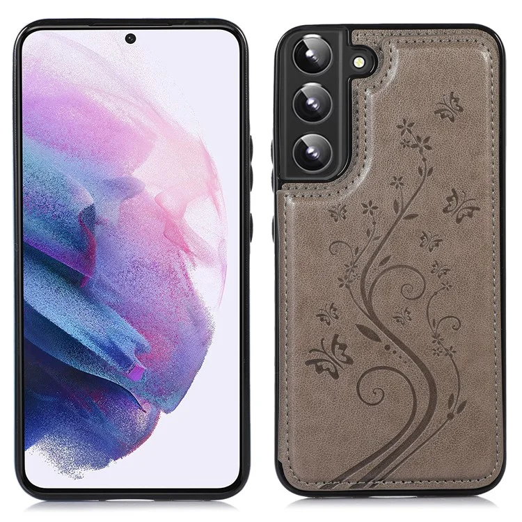 Flower Pattern Imprinted PU Leather Coated TPU Case Two Magnetic Buttons Card Slots Back Kickstand Cover for Samsung Galaxy S22 5G - Grey