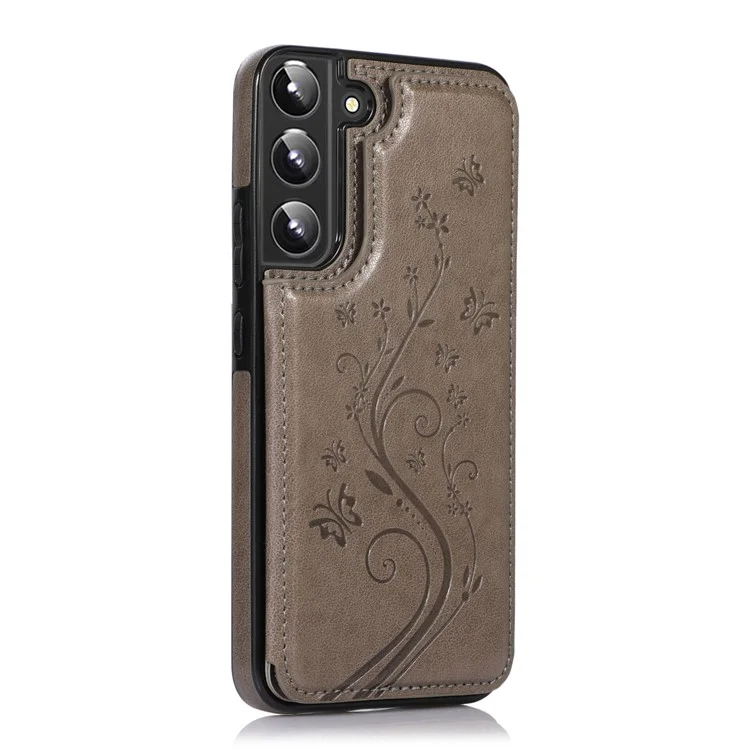 Padrão de Flores Impresso PU Caelo Combolato de TPU Casa Dom Botnes Magnéticos Carto Cartão Tapa de Kickstand Para Samsung Galaxy S22 5G - Cinza