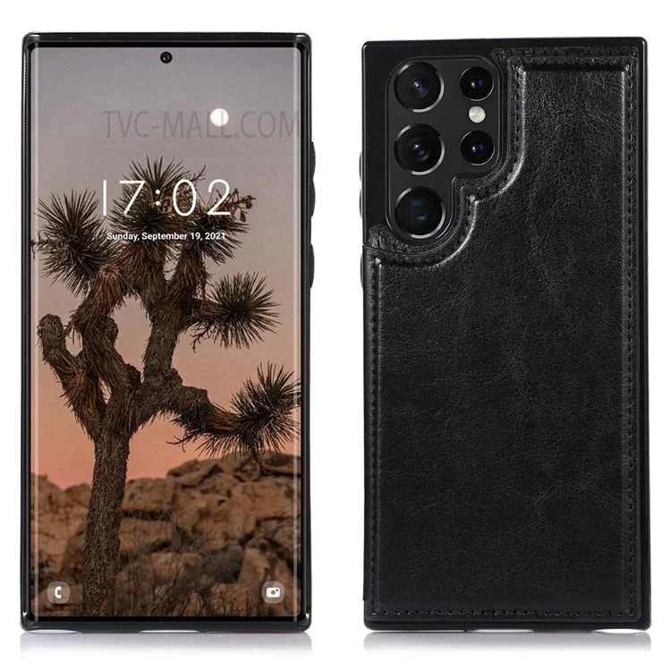 Crazy Horse Texture PU Leather Coated TPU Card Holder Case Double Magnetic Buttons Kickstand Cover for Samsung Galaxy S22 Ultra 5G - Noir