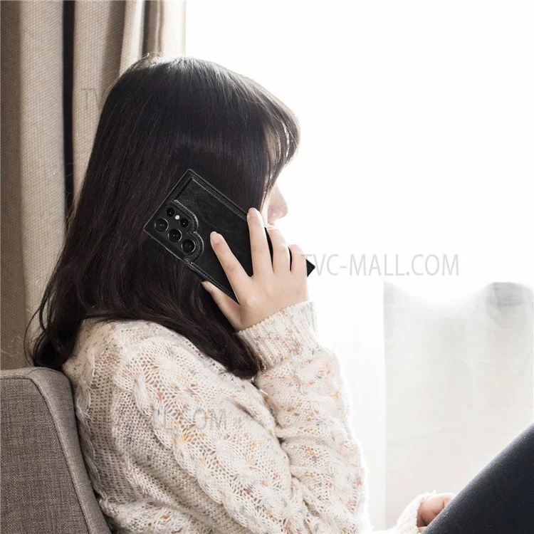 Crazy Horse Texture PU Leather Coated TPU Card Holder Case Double Magnetic Buttons Kickstand Cover for Samsung Galaxy S22 Ultra 5G - Noir