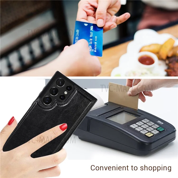Crazy Horse Texture PU Leather Coated TPU Card Holder Case Double Magnetic Buttons Kickstand Cover for Samsung Galaxy S22 Ultra 5G - Noir