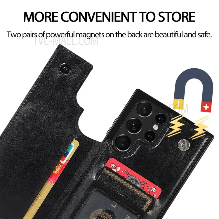 Crazy Horse Texture PU Leather Coated TPU Card Holder Case Double Magnetic Buttons Kickstand Cover for Samsung Galaxy S22 Ultra 5G - Noir