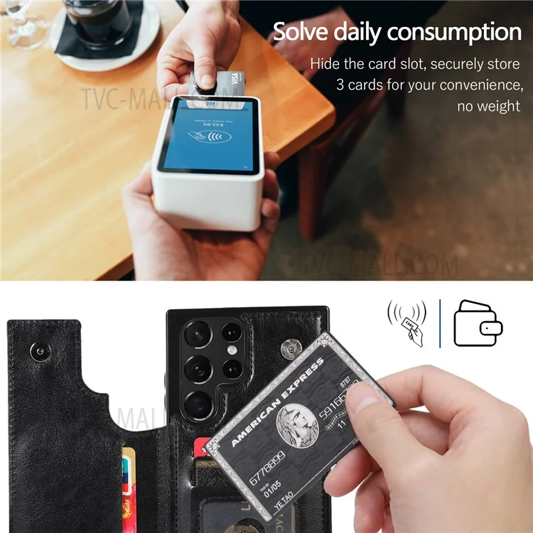 Crazy Horse Texture PU Leather Coated TPU Card Holder Case Double Magnetic Buttons Kickstand Cover for Samsung Galaxy S22 Ultra 5G - Noir