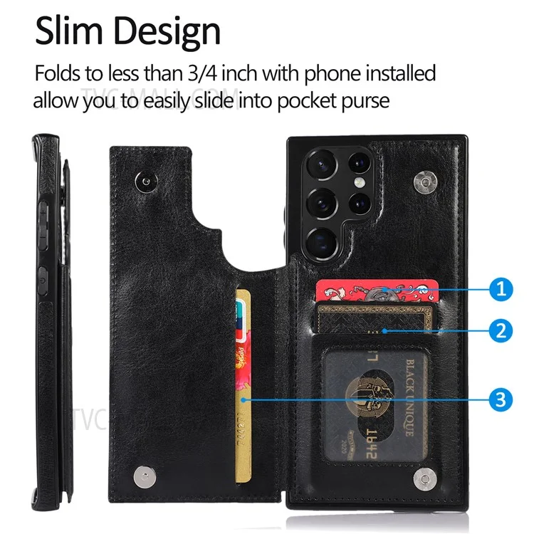 Crazy Horse Texture PU Leather Coated TPU Card Holder Case Double Magnetic Buttons Kickstand Cover for Samsung Galaxy S22 Ultra 5G - Noir