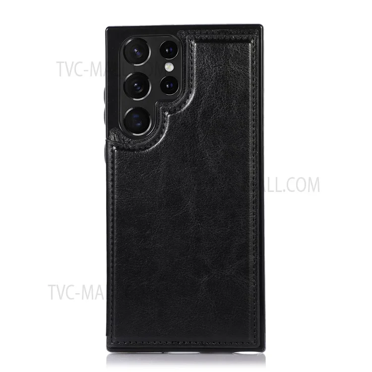 Crazy Horse Texture PU Leather Coated TPU Card Holder Case Double Magnetic Buttons Kickstand Cover for Samsung Galaxy S22 Ultra 5G - Noir