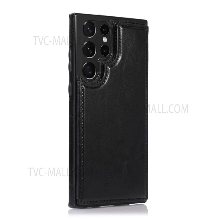 Crazy Horse Texture PU Leather Coated TPU Card Holder Case Double Magnetic Buttons Kickstand Cover for Samsung Galaxy S22 Ultra 5G - Noir