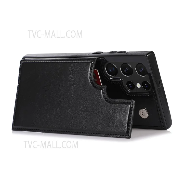 Crazy Horse Texture PU Leather Coated TPU Card Holder Case Double Magnetic Buttons Kickstand Cover for Samsung Galaxy S22 Ultra 5G - Noir