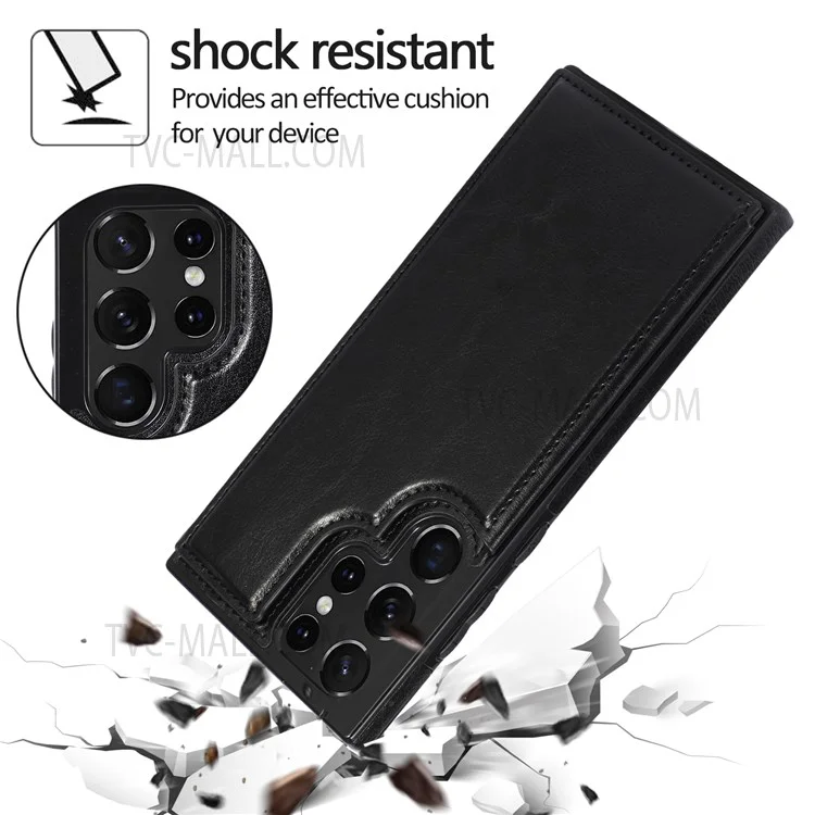 Crazy Horse Texture PU Leather Coated TPU Card Holder Case Double Magnetic Buttons Kickstand Cover for Samsung Galaxy S22 Ultra 5G - Noir