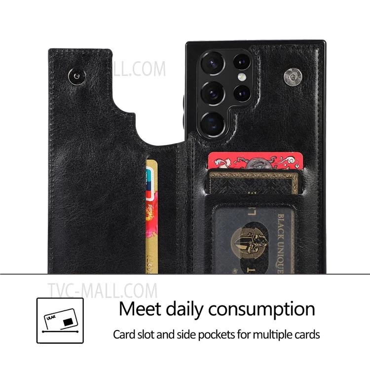 Crazy Horse Texture PU Leather Coated TPU Card Holder Case Double Magnetic Buttons Kickstand Cover for Samsung Galaxy S22 Ultra 5G - Noir