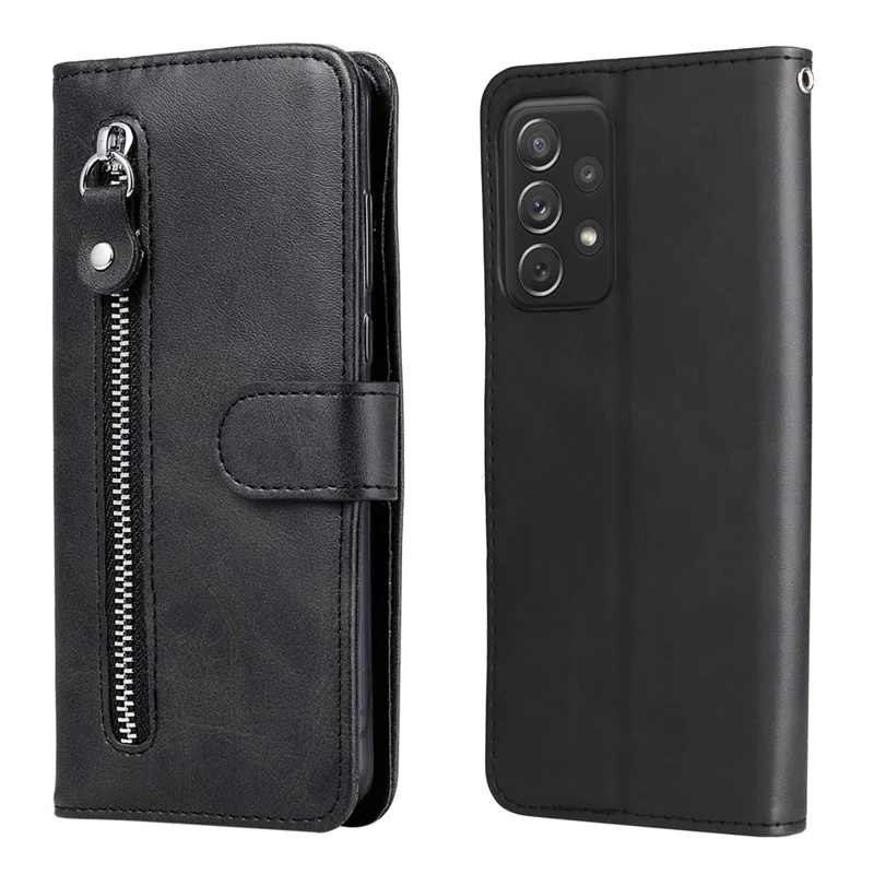 Zakje met ritsontwerp PU lederen telefoonhoes met muntportemonnee portefeuille standaard vouwcase voor Samsung Galaxy A73 5G - Zwart