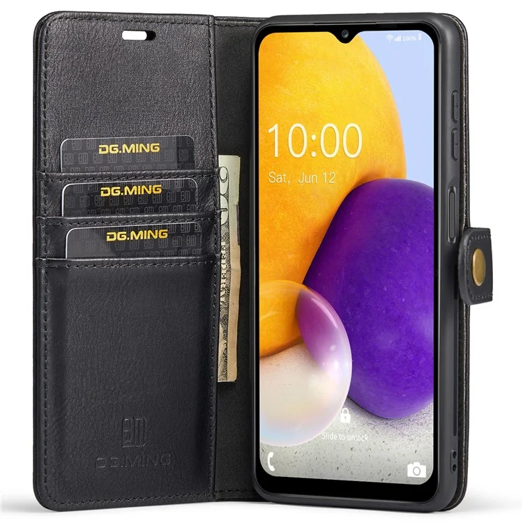 DG.MING Split Leather Folding Stand Cover Magnetisch abnehmbare Flip Folio Geldbörse Hülle für Samsung Galaxy A13 4G - Schwarz