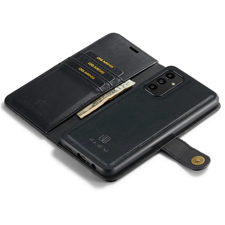 DG.MING Split Leather Folding Stand Cover Magnetisch abnehmbare Flip Folio Geldbörse Hülle für Samsung Galaxy A13 4G - Schwarz