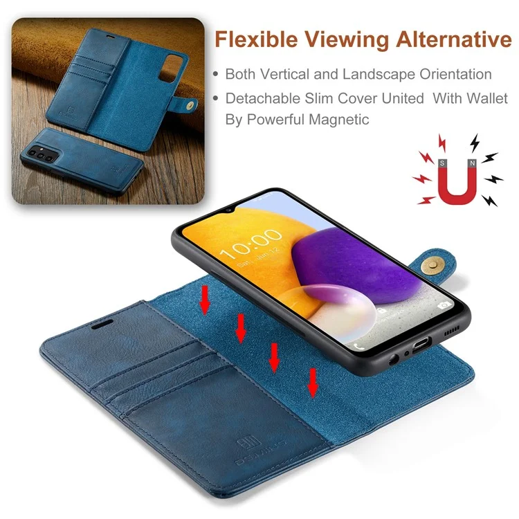 DG.MING Split Leather Folding Stand Cover Magnetic Detachable Flip Folio Wallet Case pour Samsung Galaxy A13 4G - Bleu