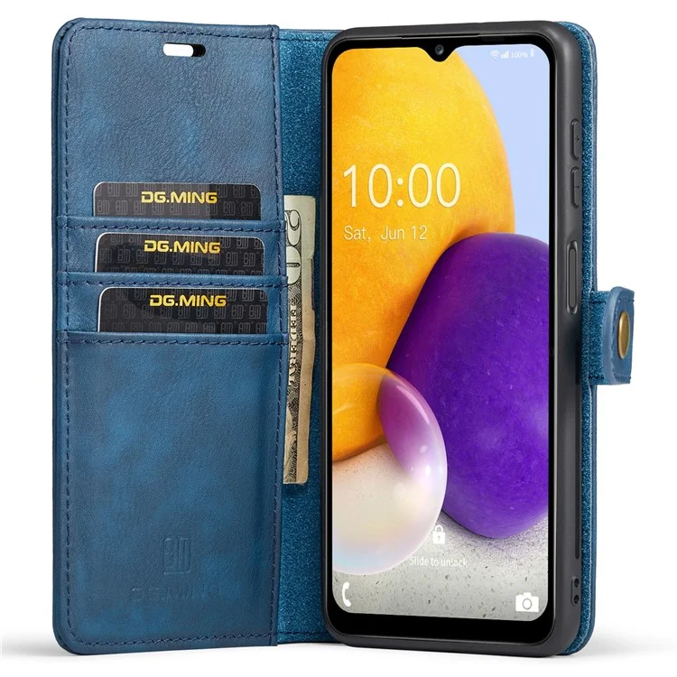 DG.MING Split Leather Folding Stand Cover Magnetic Detachable Flip Folio Wallet Case pour Samsung Galaxy A13 4G - Bleu