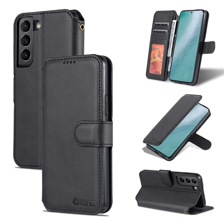 AZNS PU Leather Case Magnetic Clasp Wallet Shock Absorption Phone Cover with Foldable Stand for Samsung Galaxy S22+ 5G - Black