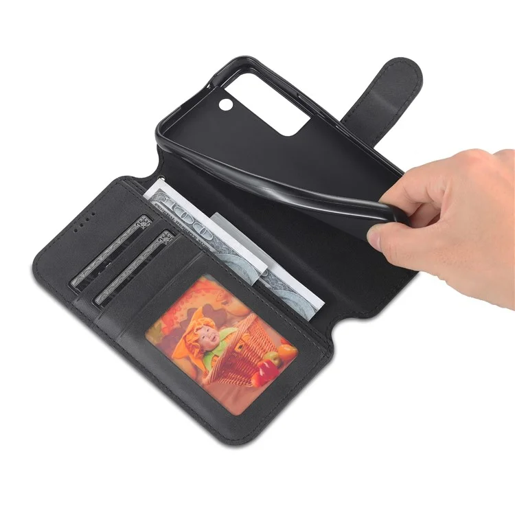 AZNS PU Leather Case Magnetic Clasp Wallet Shock Absorption Phone Cover with Foldable Stand for Samsung Galaxy S22+ 5G - Black