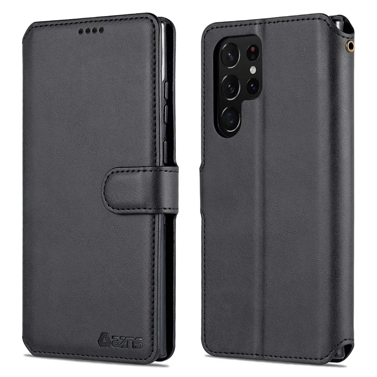 Azns Anti-srratch PU Cuero Magnetic Cuase de Billetera Cubierta de Teléfono Con Soporte Plegable Para Samsung Galaxy S22 Ultra 5G - Negro