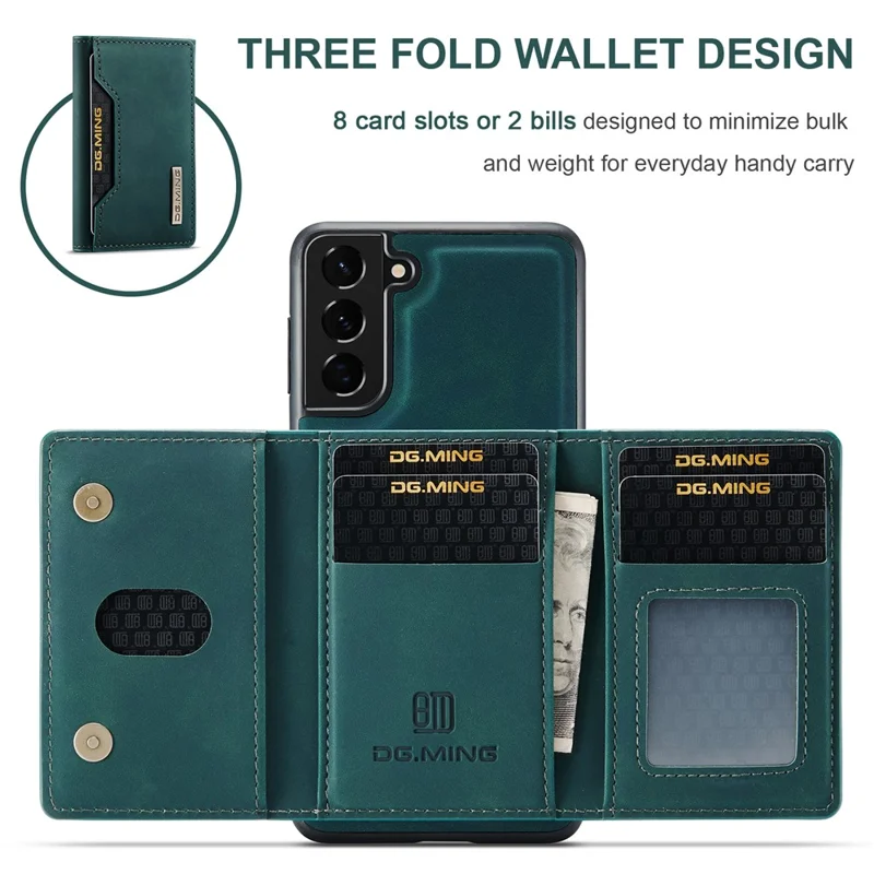DG.MING M2 Series for Samsung Galaxy S22 5G Magnetic 2-in-1 Wallet Shockproof Phone Case Support Wireless Charging Shell - Green