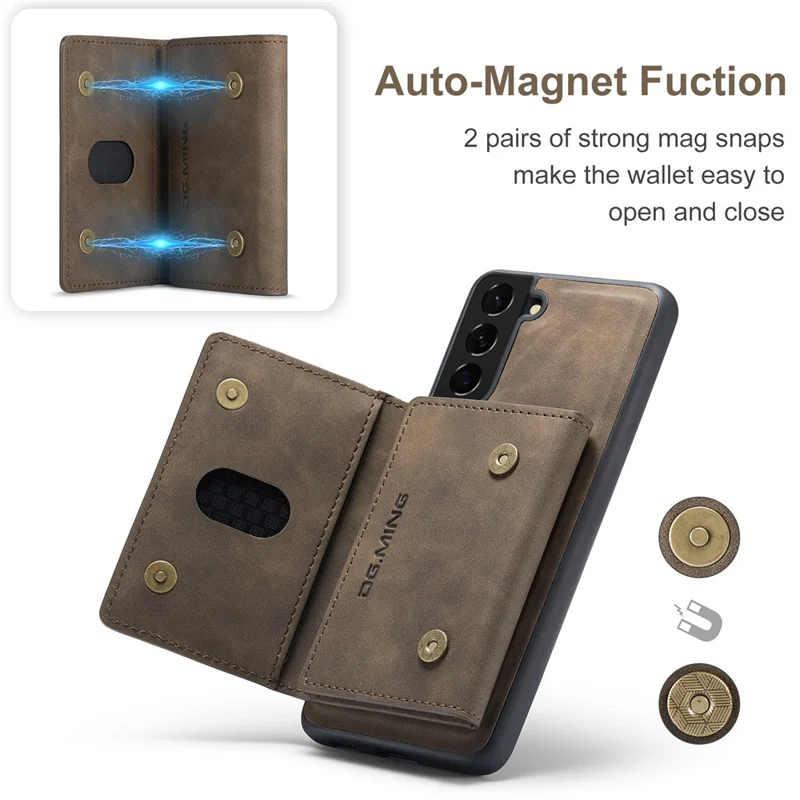 DG.MING M2 Series for Samsung Galaxy S22 5G Magnetic 2-in-1 Wallet Shockproof Phone Case Support Wireless Charging Shell - Coffee