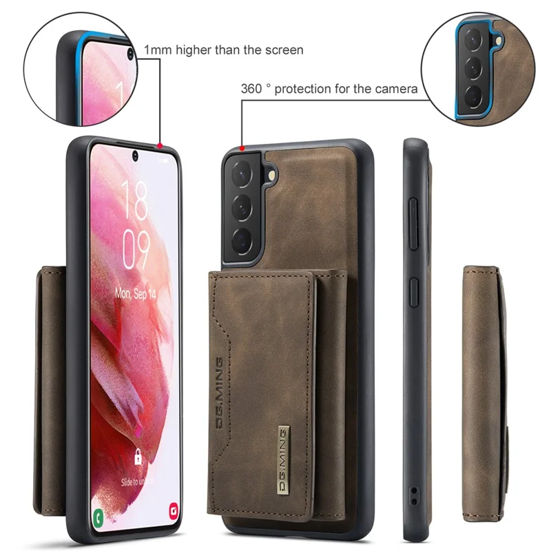 DG.MING M2 Series for Samsung Galaxy S22 5G Magnetic 2-in-1 Wallet Shockproof Phone Case Support Wireless Charging Shell - Coffee