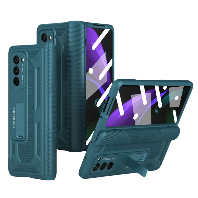 For Samsung Galaxy Z Fold2 5G Kickstand Folding Phone Case Magnetic Hinge Full Protective Cover with Tempered Glass Screen Protector  - Green