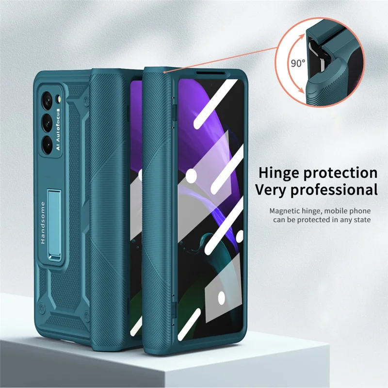 For Samsung Galaxy Z Fold2 5G Kickstand Folding Phone Case Magnetic Hinge Full Protective Cover with Tempered Glass Screen Protector  - Green