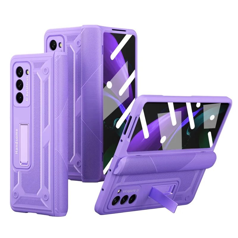 Para Samsung Galaxy Z Fold2 5g Kickstand Caixa de Telefone Dobrável Tampa Magnética de Protetora Completa Com Protetor de Tela de Vidro Temperado - Roxo