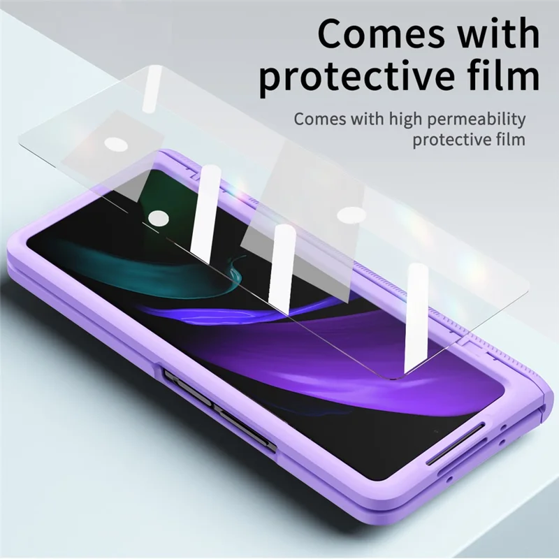 Para Samsung Galaxy Z Fold2 5g Kickstand Caixa de Telefone Dobrável Tampa Magnética de Protetora Completa Com Protetor de Tela de Vidro Temperado - Roxo