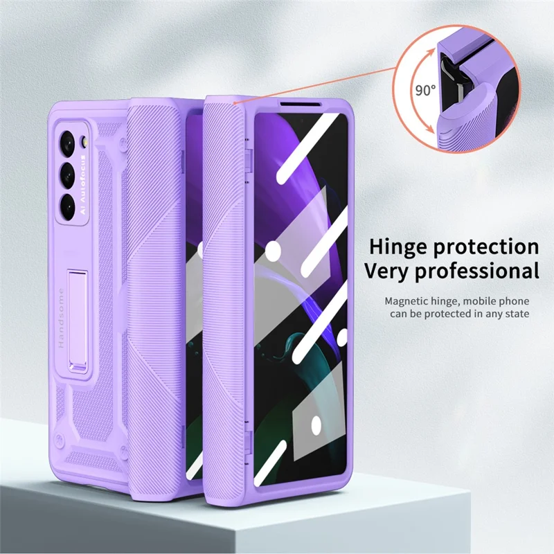 Para Samsung Galaxy Z Fold2 5g Kickstand Caixa de Telefone Dobrável Tampa Magnética de Protetora Completa Com Protetor de Tela de Vidro Temperado - Roxo