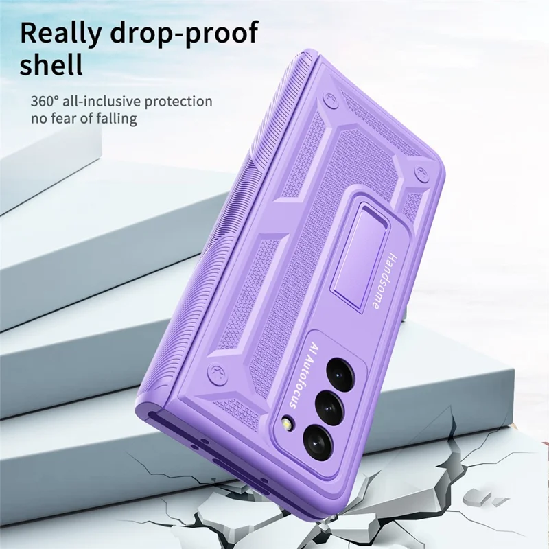 Para Samsung Galaxy Z Fold2 5g Kickstand Caixa de Telefone Dobrável Tampa Magnética de Protetora Completa Com Protetor de Tela de Vidro Temperado - Roxo