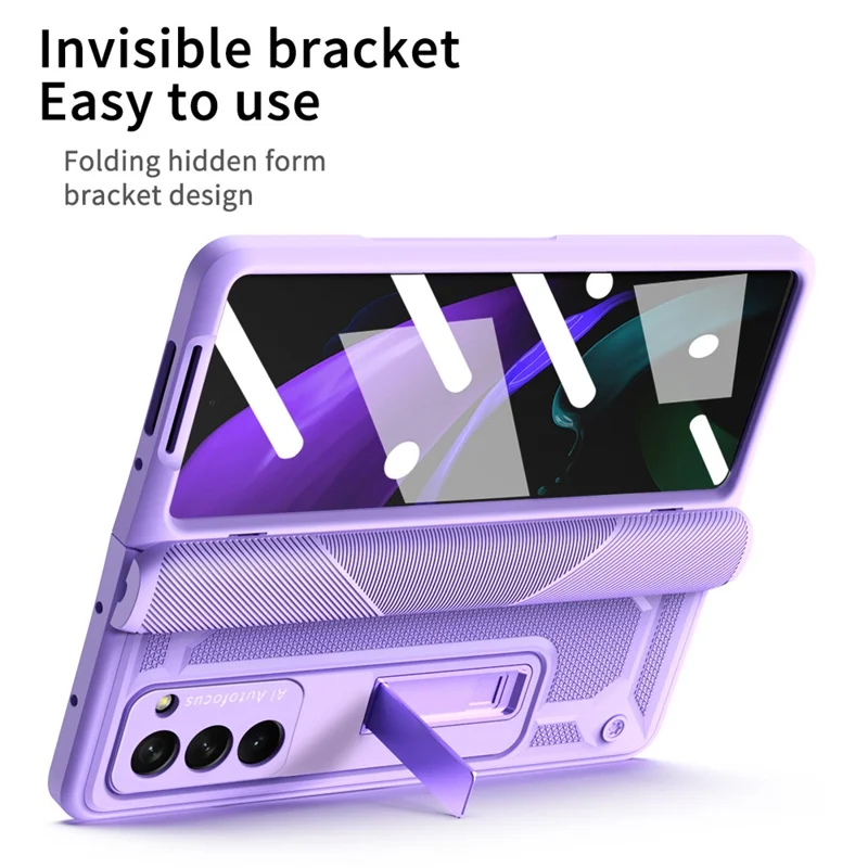 Para Samsung Galaxy Z Fold2 5g Kickstand Caixa de Telefone Dobrável Tampa Magnética de Protetora Completa Com Protetor de Tela de Vidro Temperado - Roxo