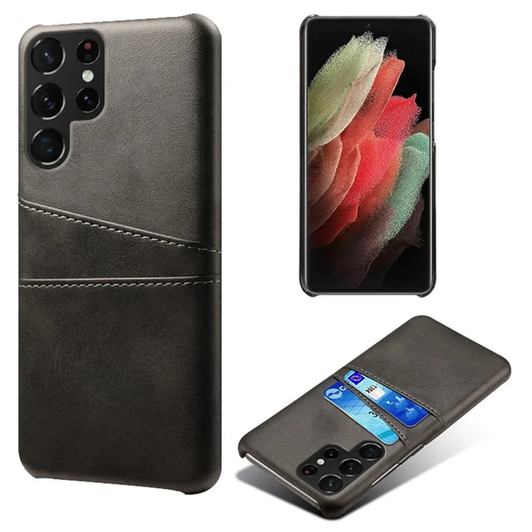 For Samsung Galaxy S22 Ultra 5G Double Card Slots Phone Case Anti-scratch Ultra Slim PU Leather + Hard PC Cover - Black