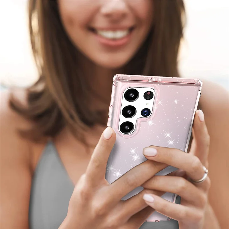 For Samsung Galaxy S22 Ultra 5G GW18 Stylish Shockproof Glittery Sequins TPU Phone Case Shell - Transparent Pink