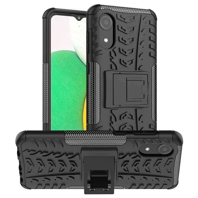 Case de Teléfono de Textura de Neumáticos Para Samsung Galaxy A03 Core, Kickstand PC+TPU Case de Servicio Pesado a Prueba de Golpes - Negro