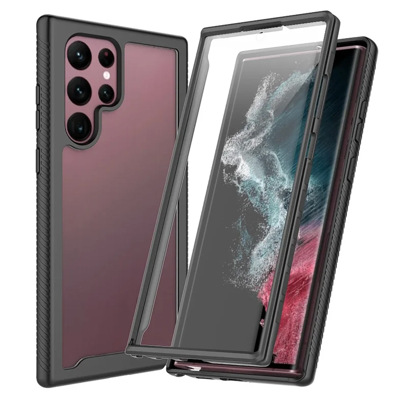 For Samsung Galaxy S22 Ultra 5G Full Coverage PC + TPU Hybrid Phone Case Drop-proof Cover with PET Screen Protector - Black